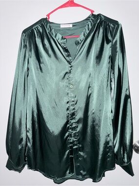 Hotouch Emerald Green Satin Button-Down Blouse